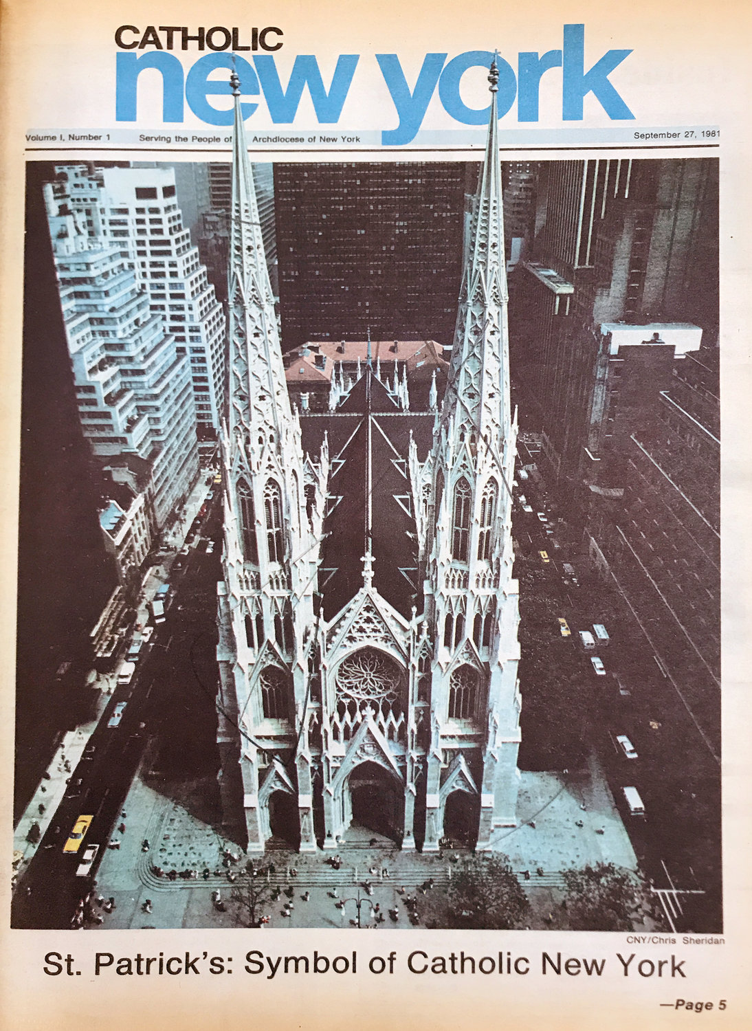 St. Patrick’s Cathedral spires poke into the Catholic New York nameplate on the cover of the paper’s first edition Sept. 27, 1981.