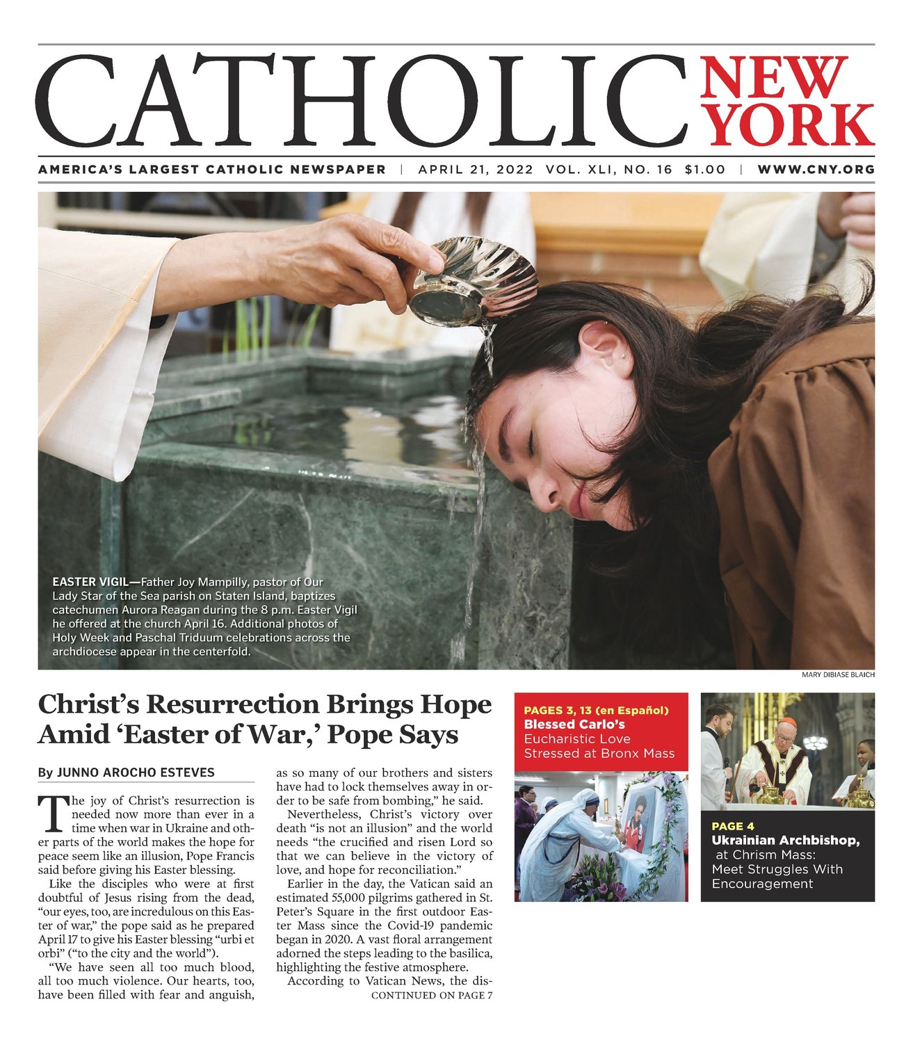 The issue of April 21, 2022 features a striking baptism photo taken during the Easter Vigil at Our Lady Star of the Sea parish on Staten Island.